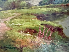 Evening on the Thames by Abingdon, Sunset, Landscape Oil on Canvas, Framed