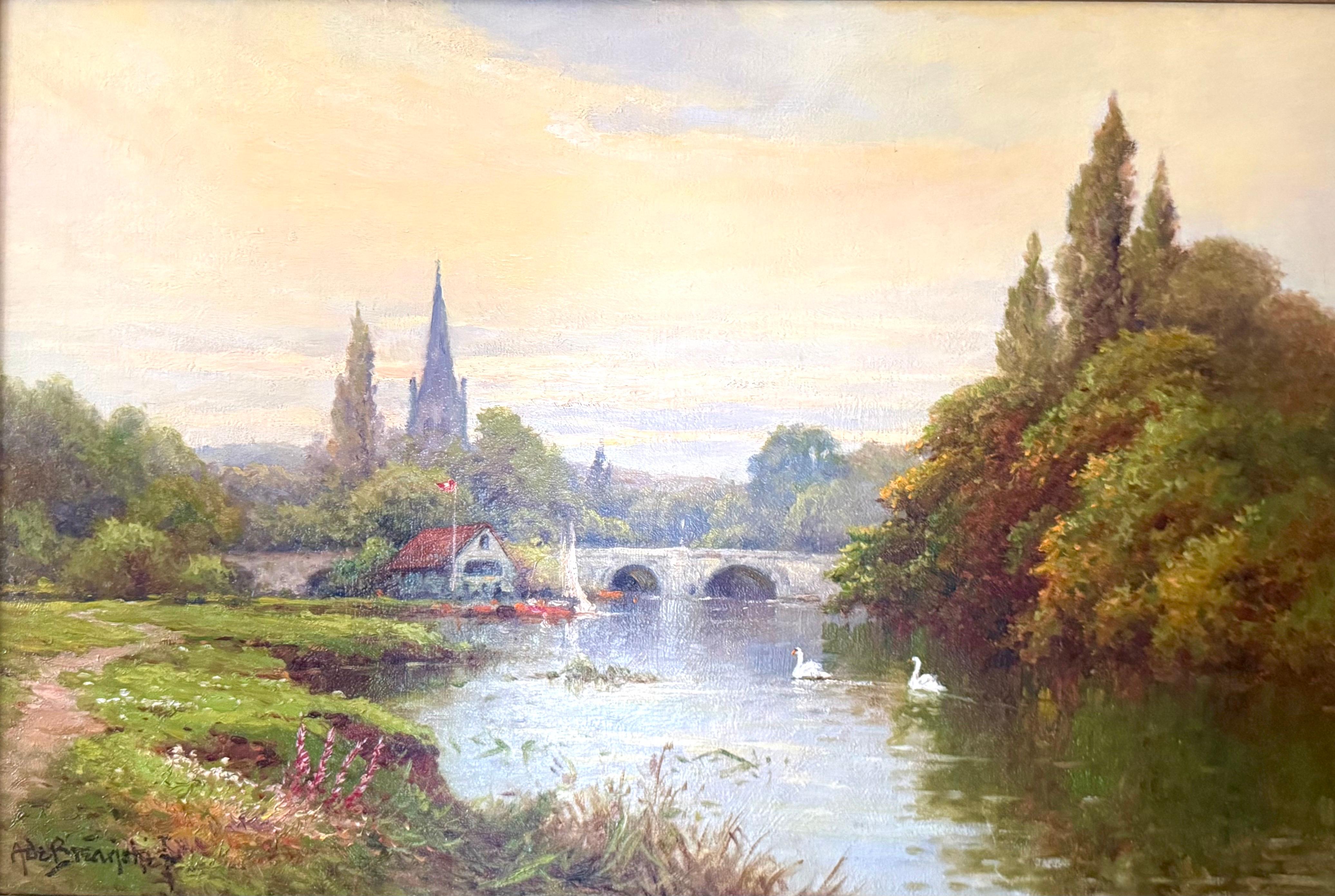 « Soirée sur la Tamise près d'Abingdon », coucher de soleil, paysage, huile sur toile, encadrée