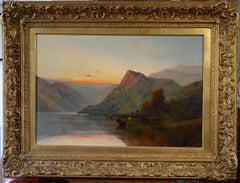 Scottish Highland Mountain Scene with Cattle at Sunset, Large Oil Painting