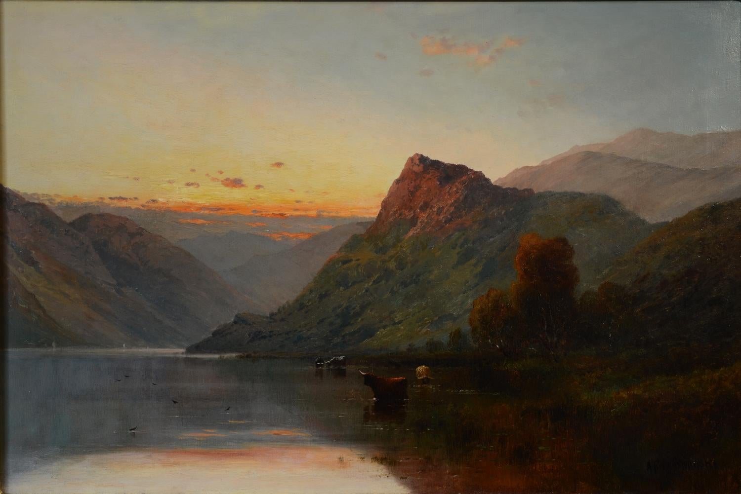 Scottish Highland Mountain Scene with Cattle at Sunset, Large Oil Painting - Art by Alfred de Breanski Jnr.