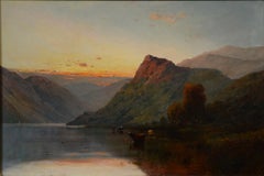 Scottish Highland Mountain Scene with Cattle at Sunset, Large Oil Painting