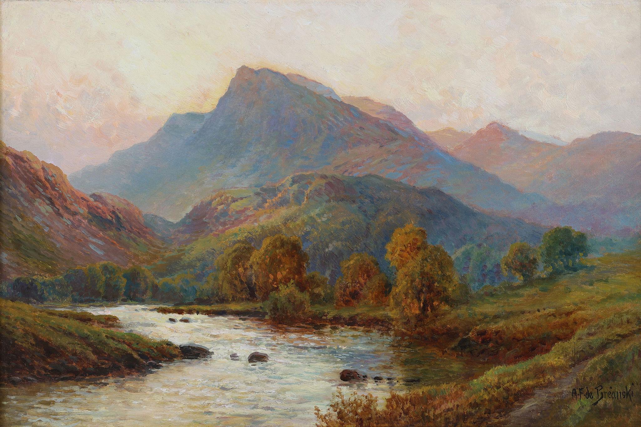 In the Highlands, The Running River - Painting by Alfred de Breanski Jnr.