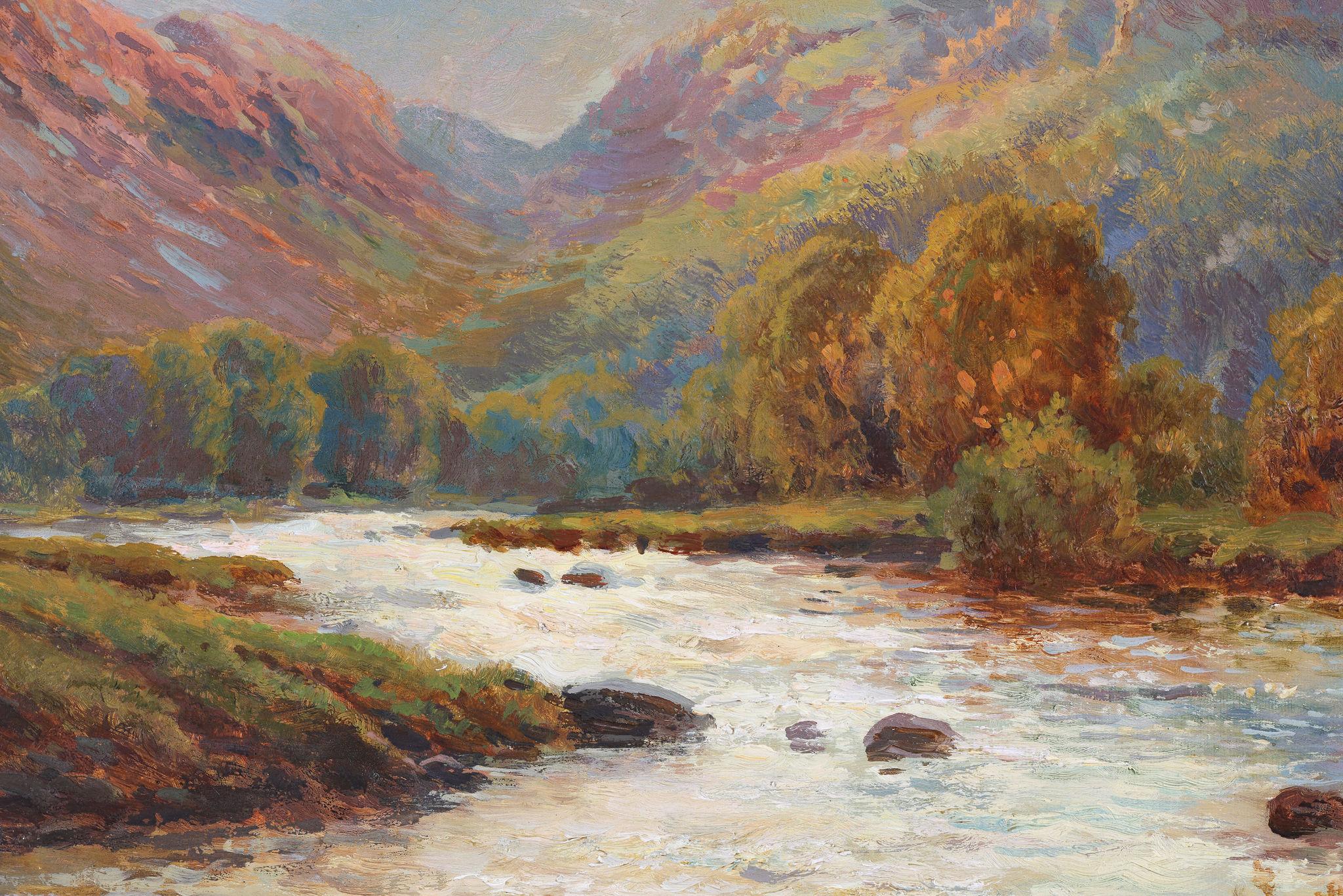 Alfred Fontville De BREANSKI
A typical example of De Breanski's highland landscapes with a wonderful sunlight glow on the mountain tops and lovely attention to detail with beautiful sunlight hitting the impasto on the tips of the free flowing river