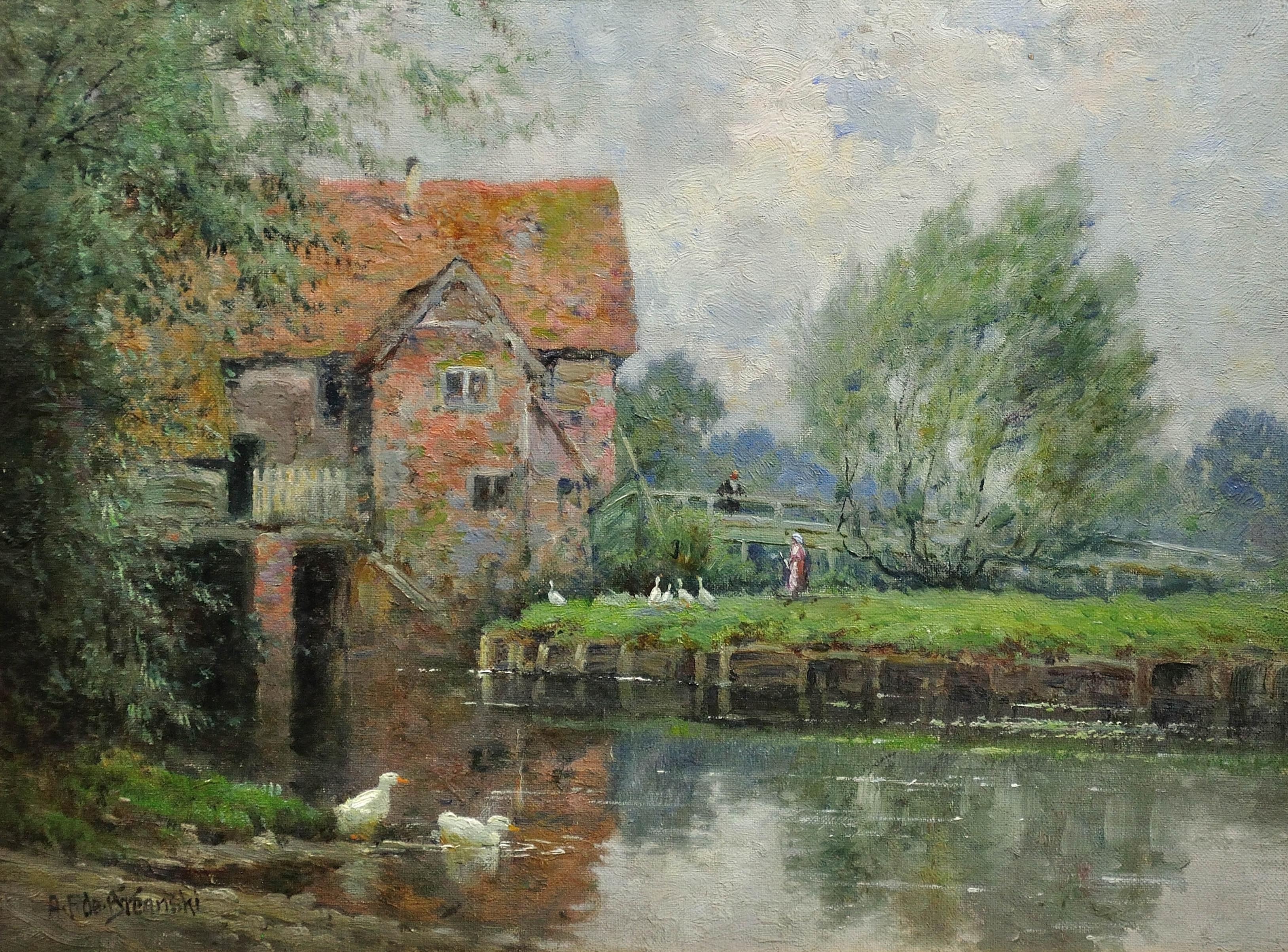 Streatley Mill, River Thames, near Goring, Oxfordshire. Substantially Framed. - Painting by Alfred de Breanski Jnr.