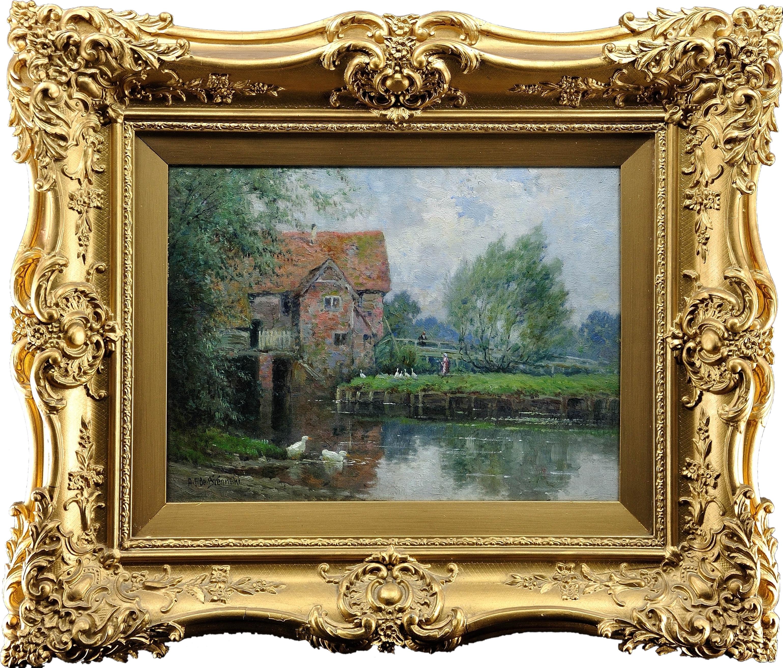 Alfred de Breanski Jnr. Landscape Painting - Streatley Mill, River Thames, near Goring, Oxfordshire. Substantially Framed.