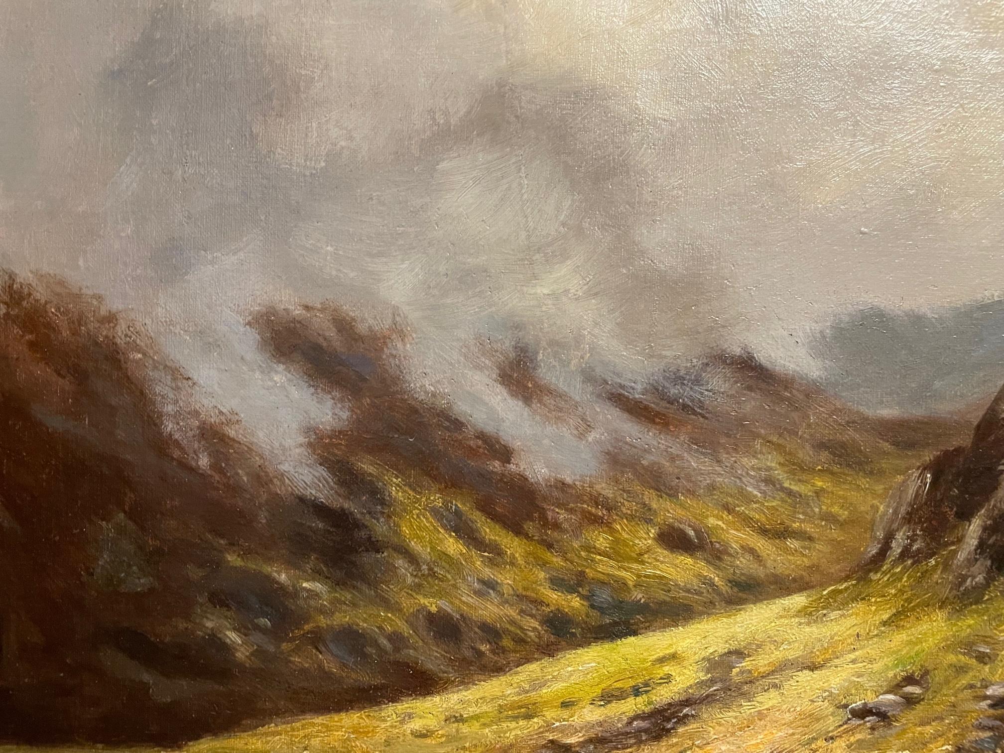 Peinture de paysage des Trossachs, Scottish Highlands, 20e siècle, d'après le célèbre paysagiste Alfred De Breanski, Jnr, (1877-1955). Comme dans ce tableau, De Breanski s'est fait une réputation pour ses couleurs vives et ses verts distinctifs dans