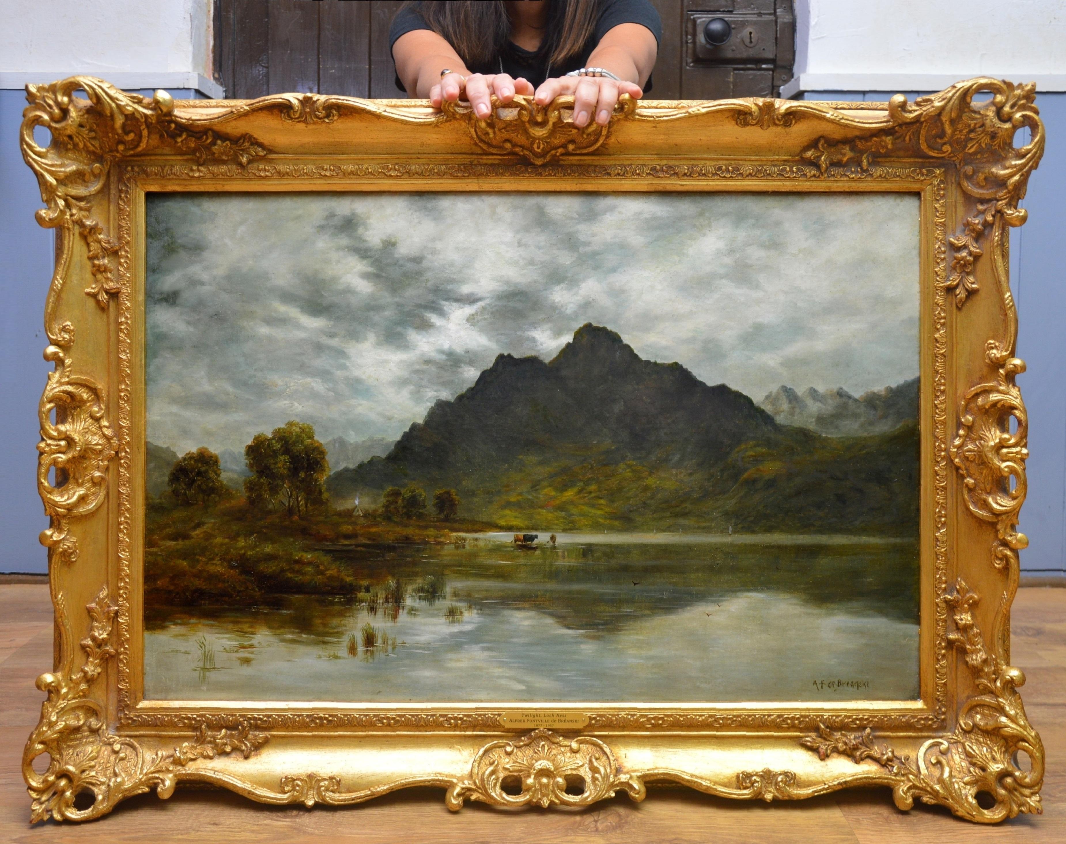 Twilight, Loch Ness - 19th Century Oil Painting Nocturne of Scottish Highlands - Brown Landscape Painting by Alfred de Breanski Jnr.