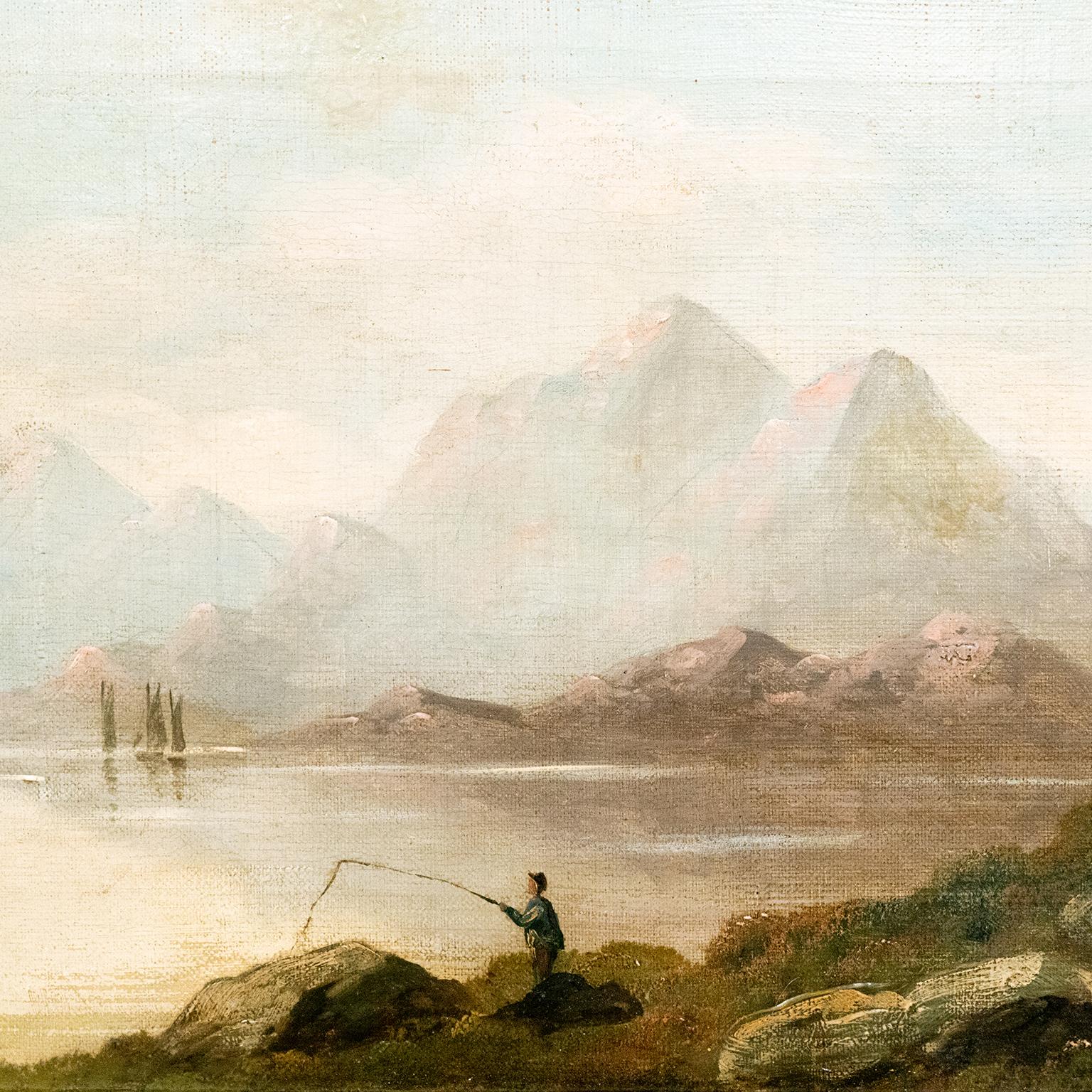 Victorien tardif Alfred De Breanski Sr. Huile sur toile - Loch écossais avec pêcheur en vente