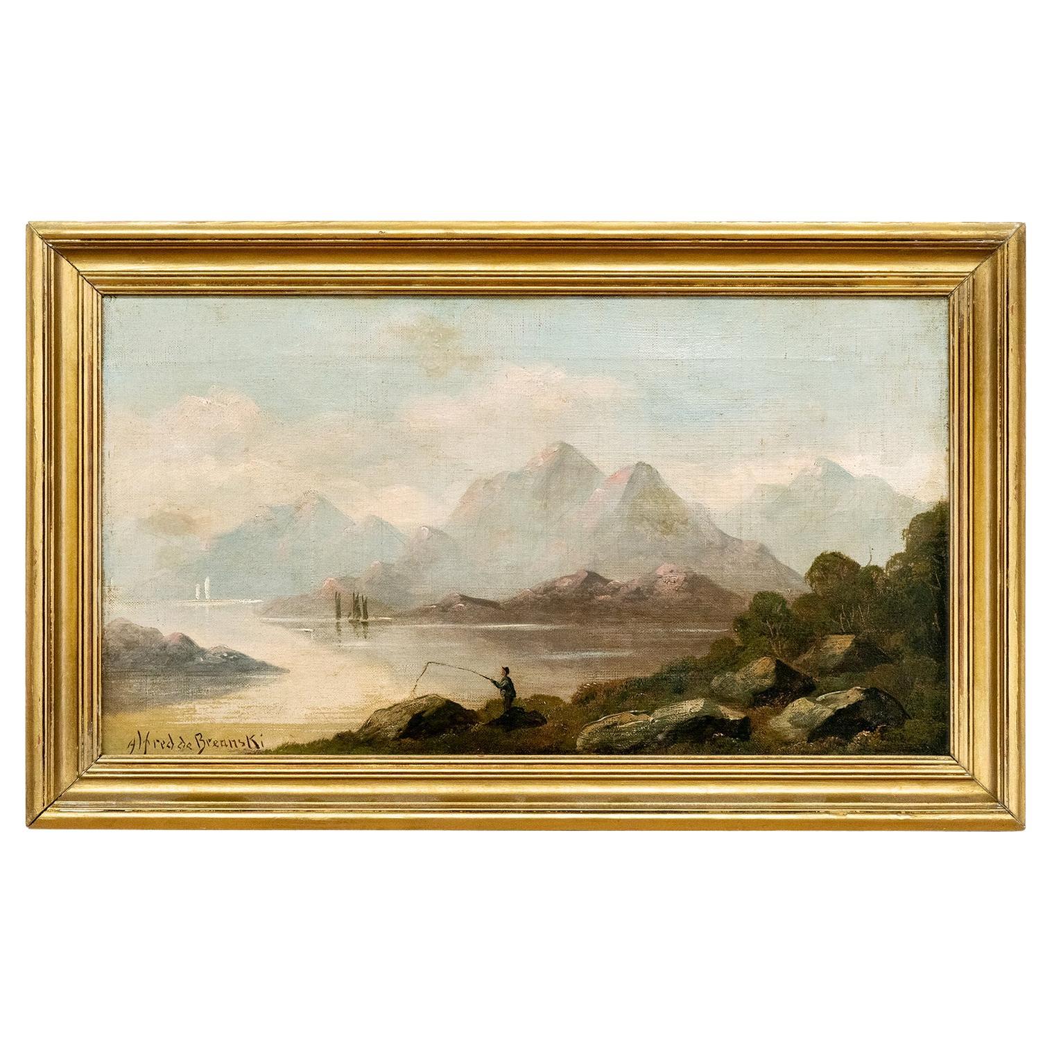 Alfred De Breanski Sr. Huile sur toile - Loch écossais avec pêcheur