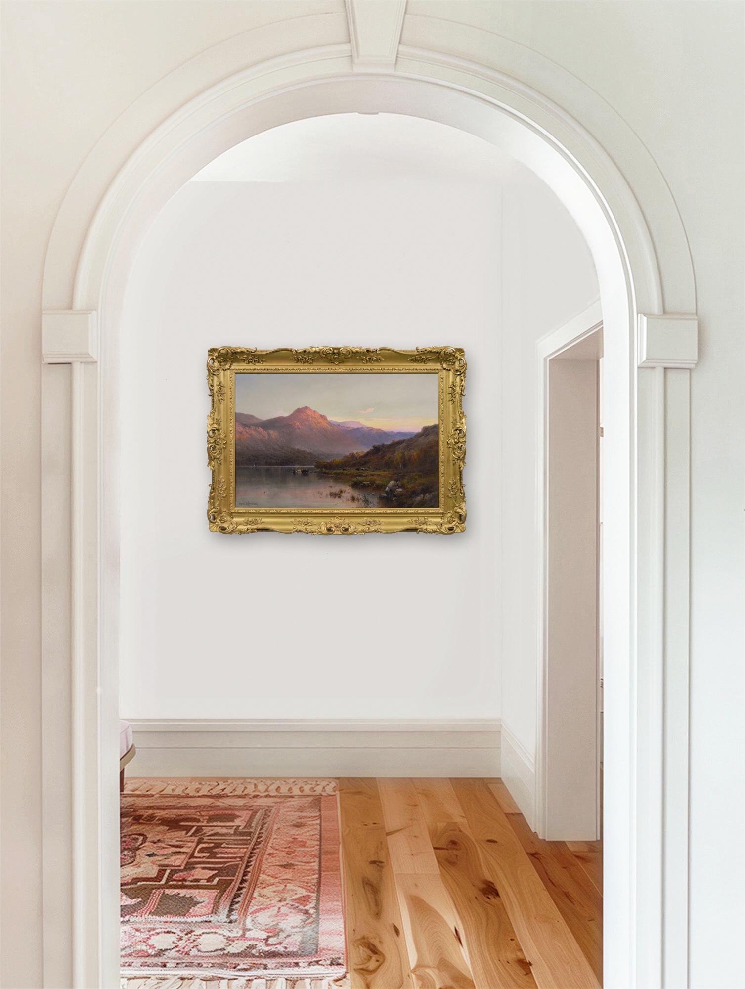 Paesaggio delle Highlands scozzesi del XIX secolo dipinto a olio con un Loch al tramonto in vendita 5