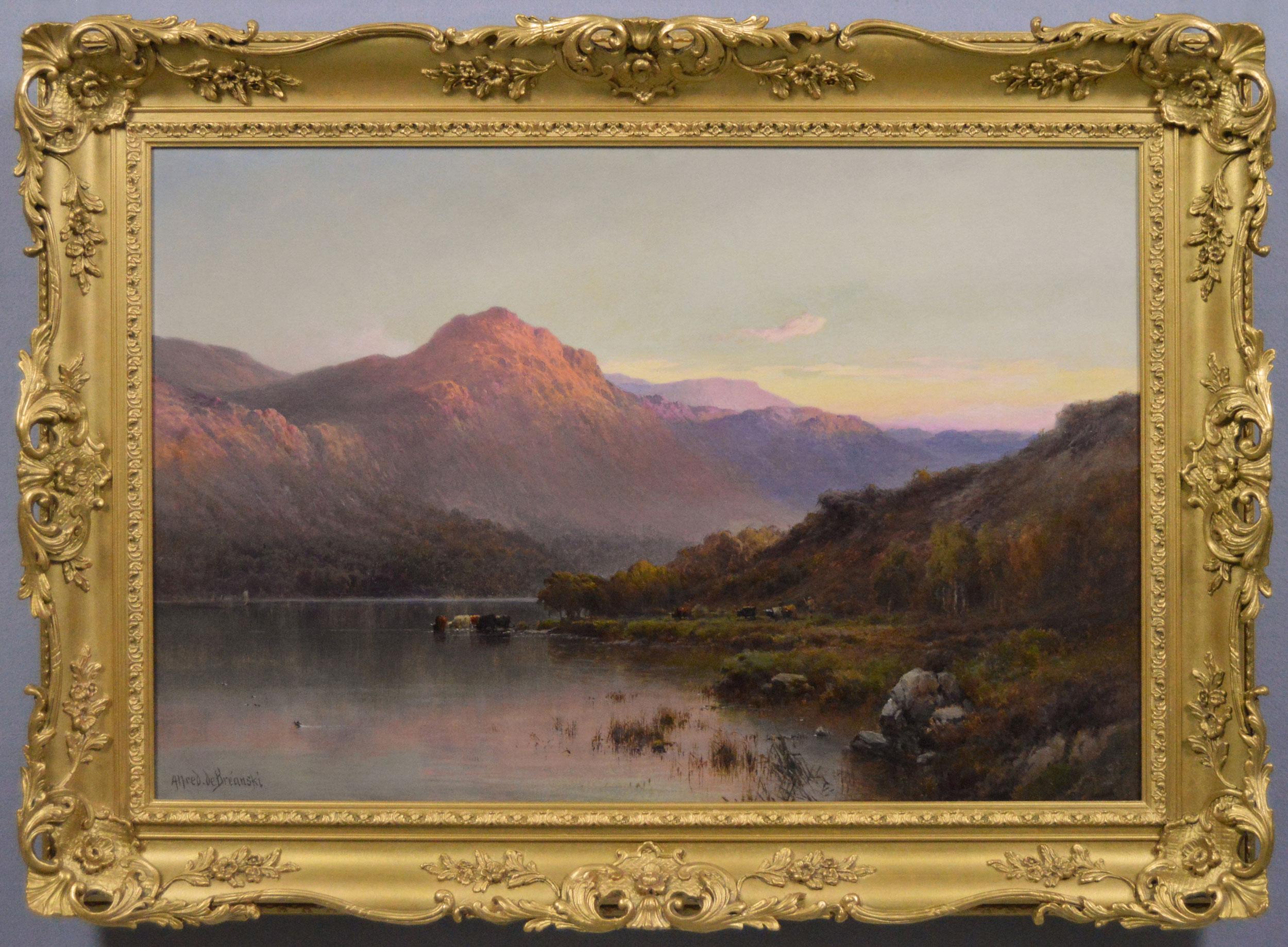 Landscape Painting di Alfred de Breanski Sr. - Paesaggio delle Highlands scozzesi del XIX secolo dipinto a olio con un Loch al tramonto