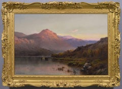 19th Century Scottish Highland landscape oil painting of a Loch at sunset