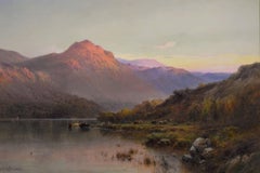 19th Century Scottish Highland landscape oil painting of a Loch at sunset