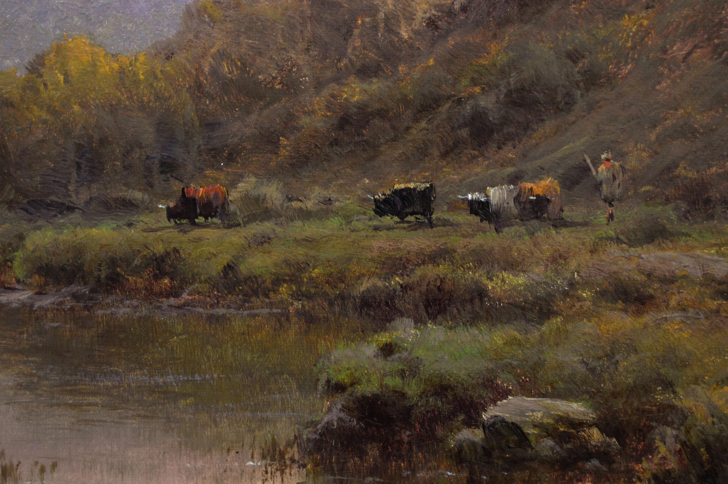 Alfred de Breanski Snr
Britannico, (1852-1928)
Tramonto su un lago delle Highlands scozzesi
Olio su tela, firmato 
Dimensioni dell'immagine: 19,5 pollici x 29,5 pollici 
Dimensioni comprensive di cornice: 26,5 pollici x 36,5 pollici

Un superbo
