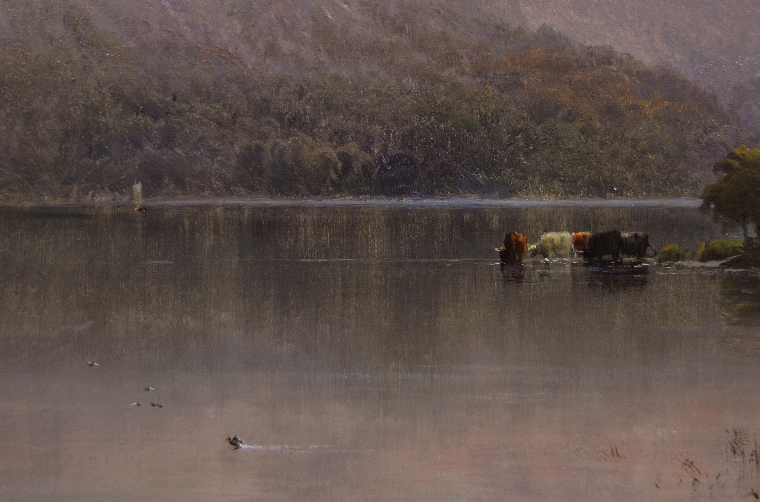 Paesaggio delle Highlands scozzesi del XIX secolo dipinto a olio con un Loch al tramonto in vendita 1