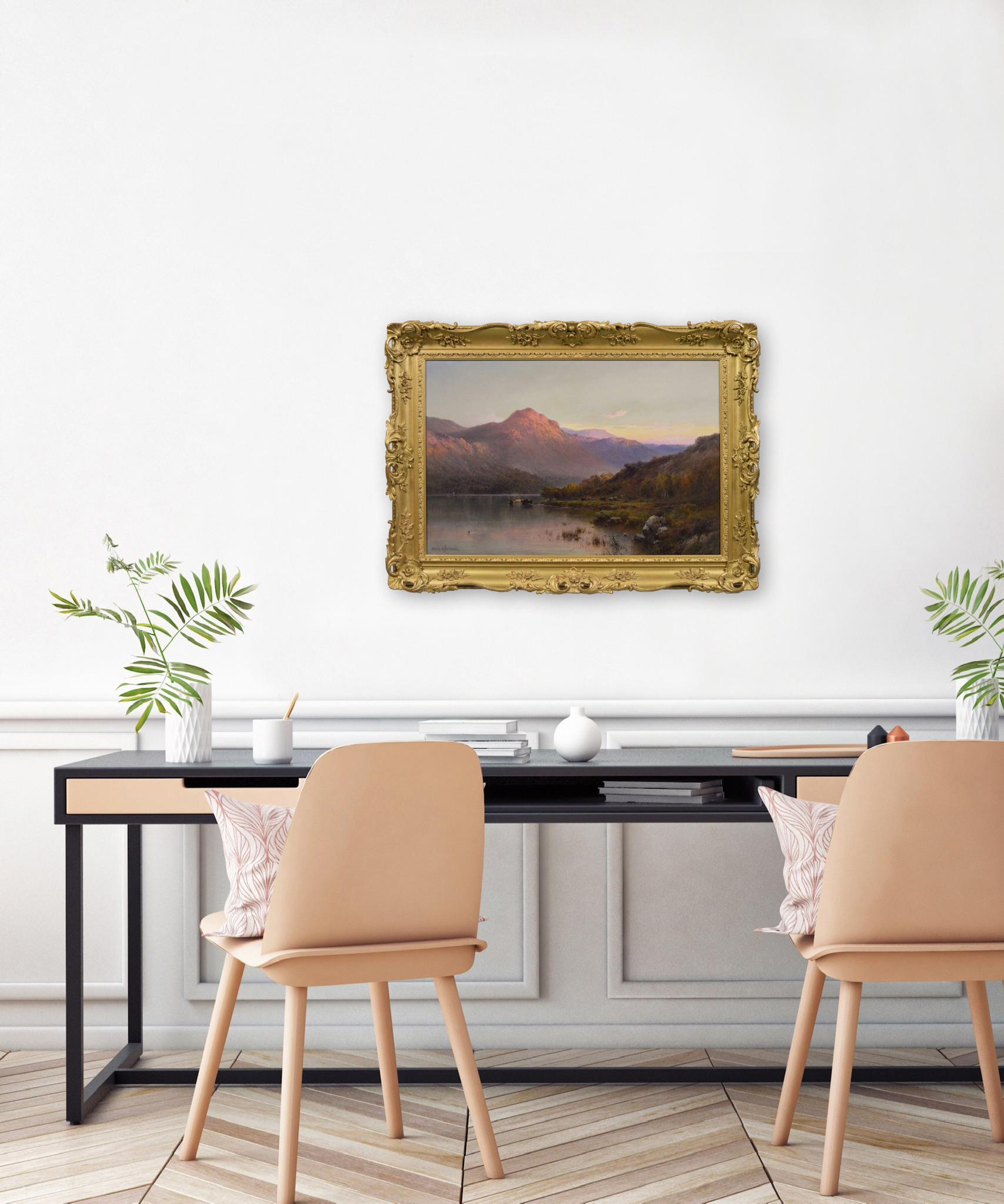 Paesaggio delle Highlands scozzesi del XIX secolo dipinto a olio con un Loch al tramonto in vendita 4