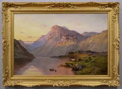 Vintage 19th Century Scottish Highland landscape oil painting of Loch Lubnaig