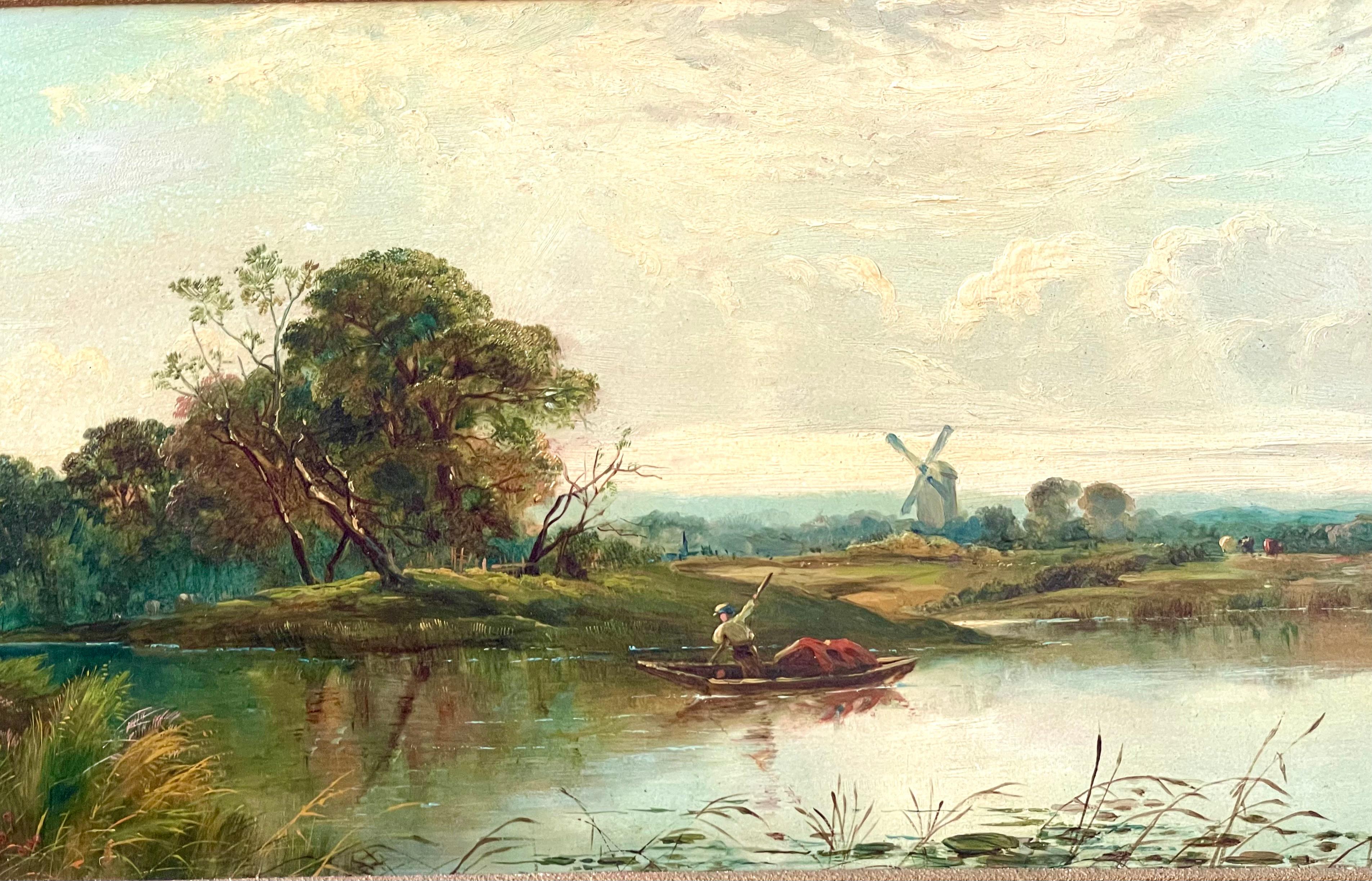 A Suffolk Landscape with Ferryman - Painting by Alfred de Breanski Sr.