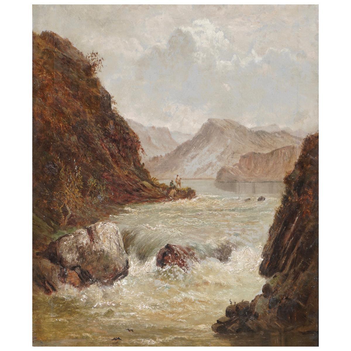 Alfred de Breanski Sr. (Regno Unito/Scozia, 1852-1928), 1890 circa
Paesaggio marino a olio su tela intitolato sul retro "A Pole in The Highlands" che raffigura due figure che pescano al centro a sinistra, una costa rocciosa con onde in primo piano e