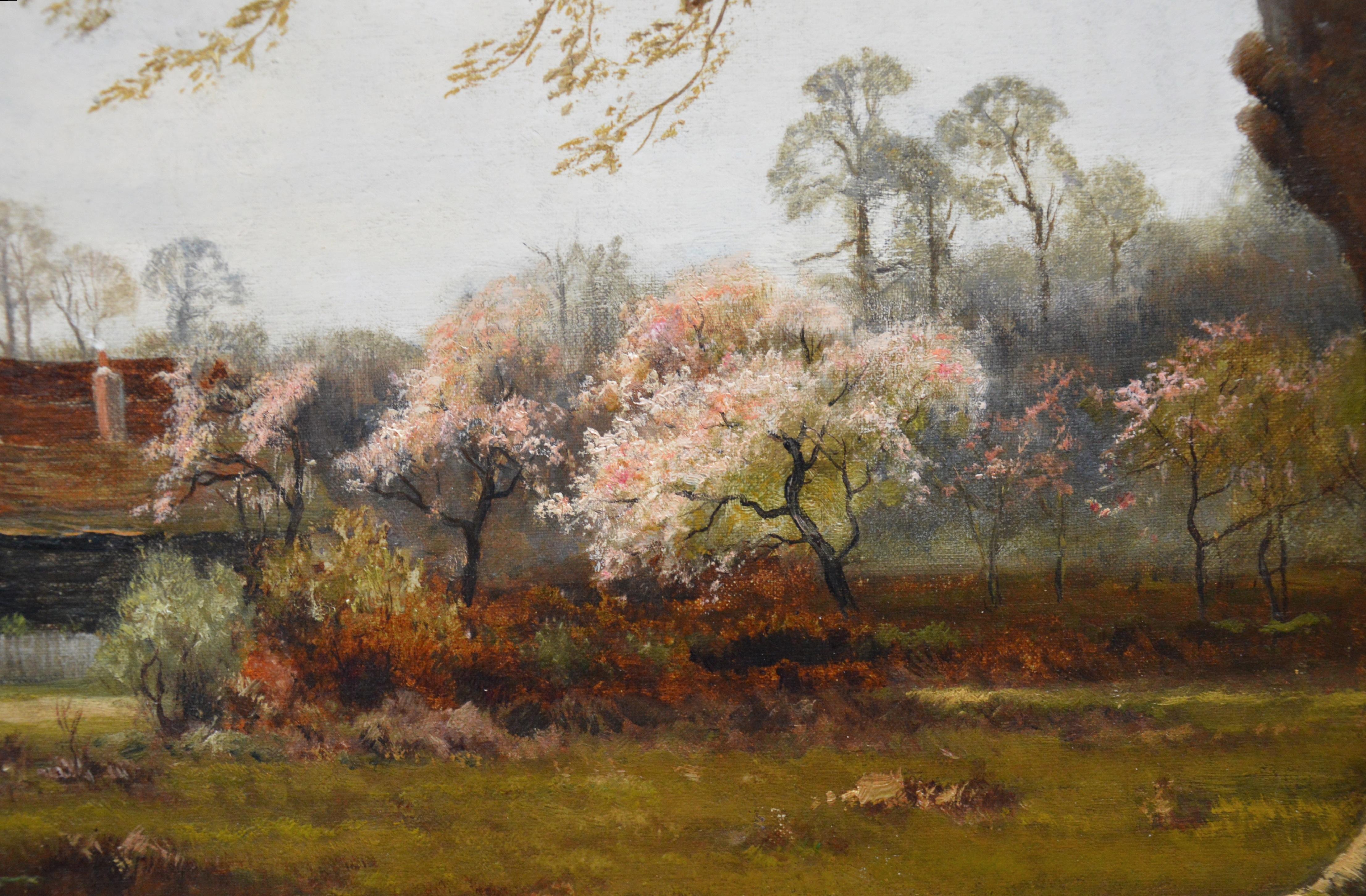 This is a very large fine 19th century oil on canvas depicting sheep grazing in open fields before ‘A Berkshire Homestead’ in springtime by the eminent Victorian landscape painter Alfred de Bréanski Snr. (1852-1928). The painting is signed by the