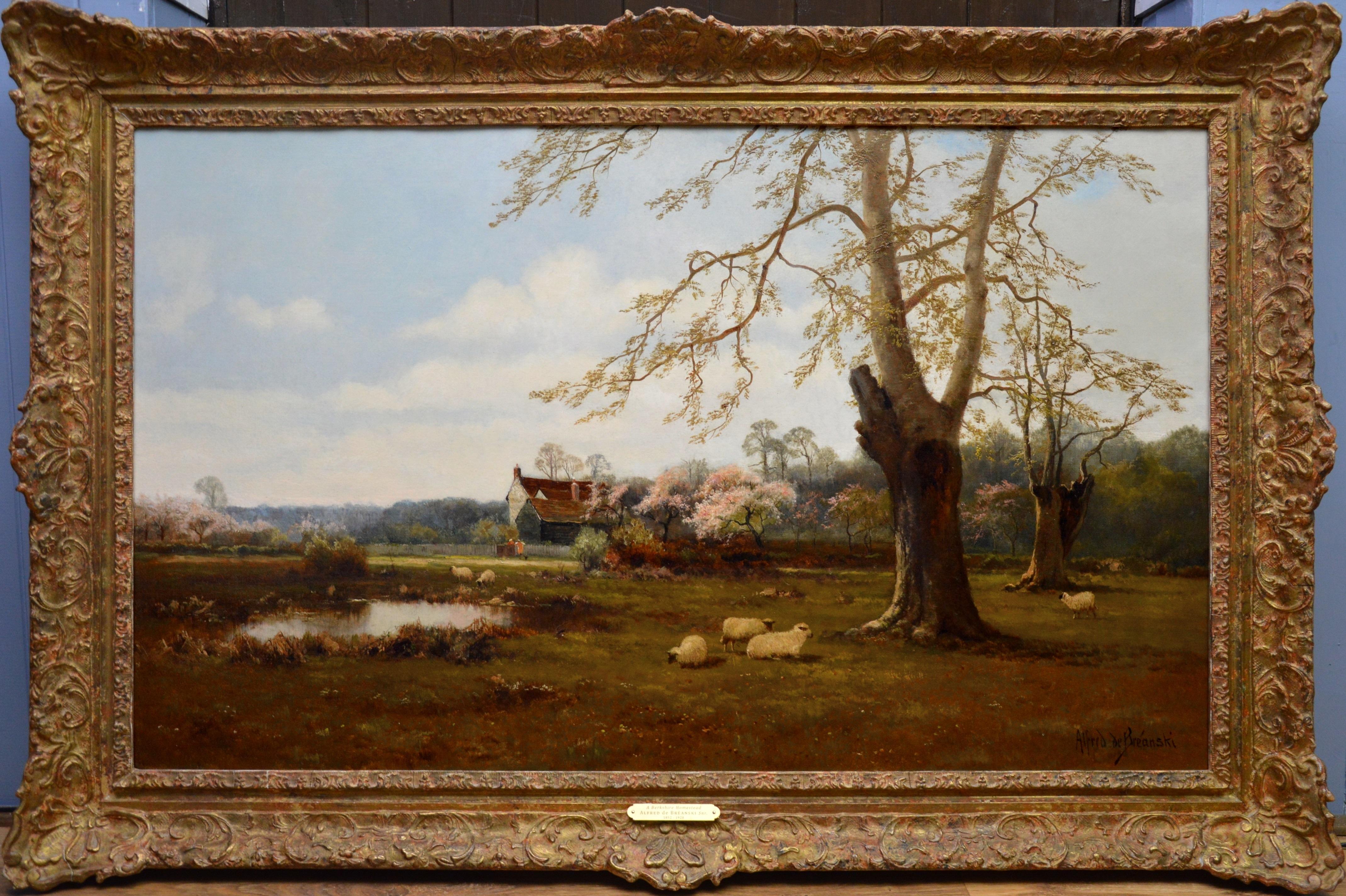 Alfred de Breanski Sr. Animal Painting - Berkshire Homestead - 19th Century English Landscape Oil Painting - de Breanski