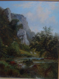 Victorian Landscape Oil of Highland Cattle watering at Dovedale, Peak District
