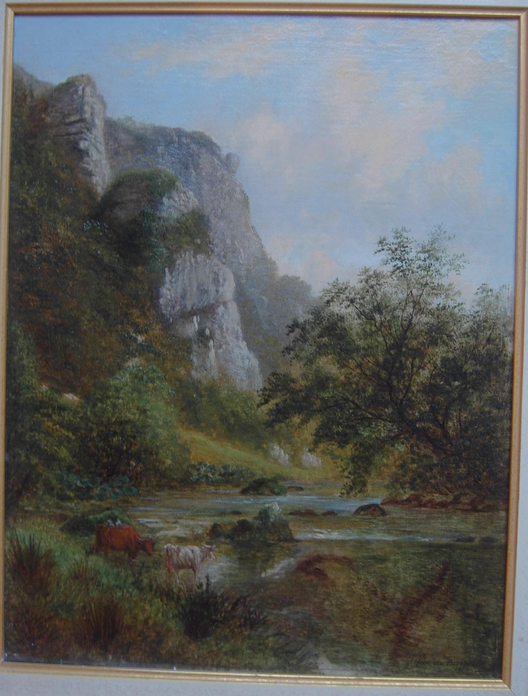 Highland Cattle watering at Dovedale, Peak District Victorian Landscape Oil  - Art by Alfred de Breanski Sr.