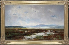 Large 19th Century English Landscape Oil Painting of Morecambe Bay Lake District