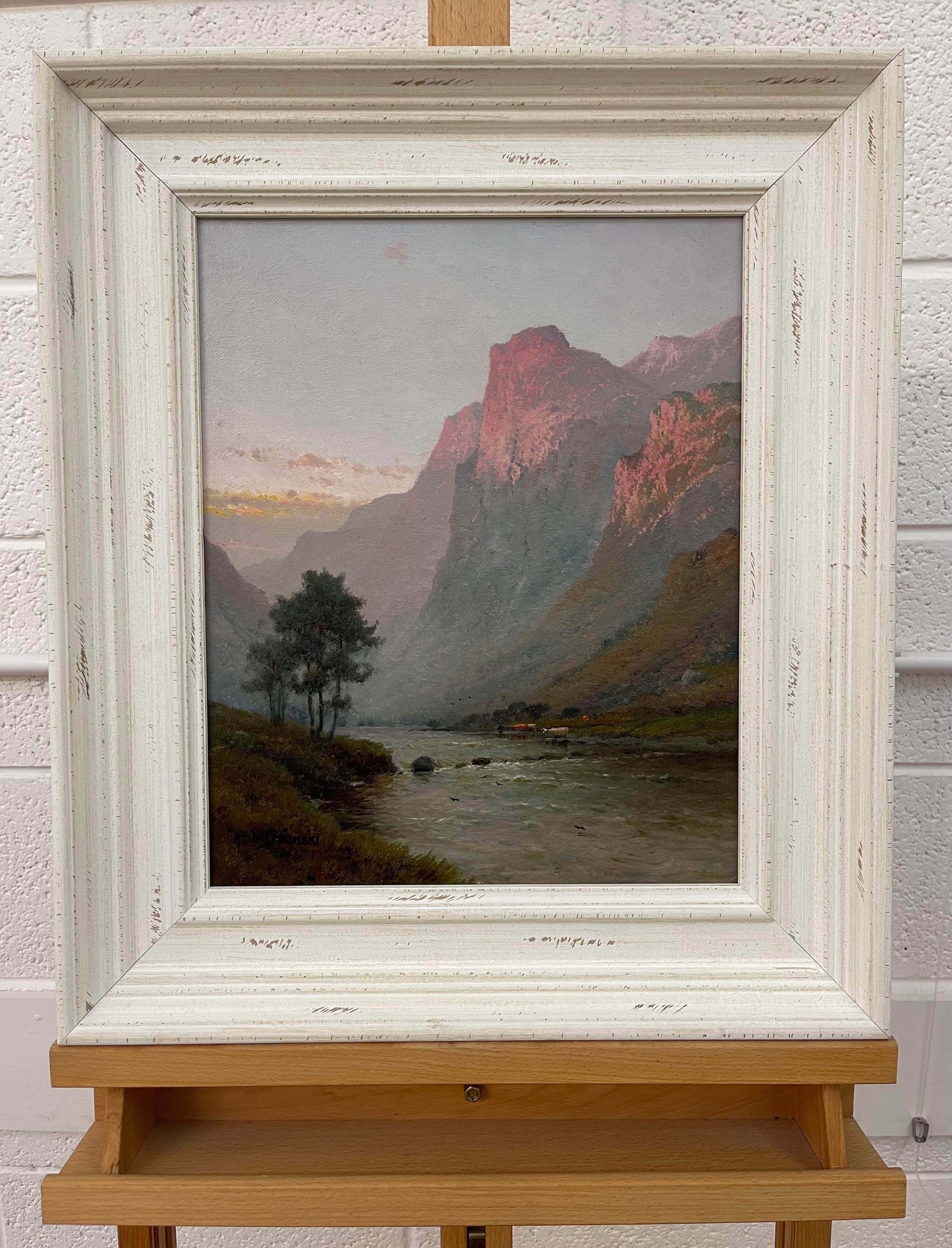 Mountain Landscape Painting of Ben Venue in the Scottish Highlands by 19th Century British Artist, Alfred De Breanski Snr, (1852 - 1928). Signed on the front (lower left) and rear of the canvas. Framed in an off-white shabby-chic moulding. 

Art