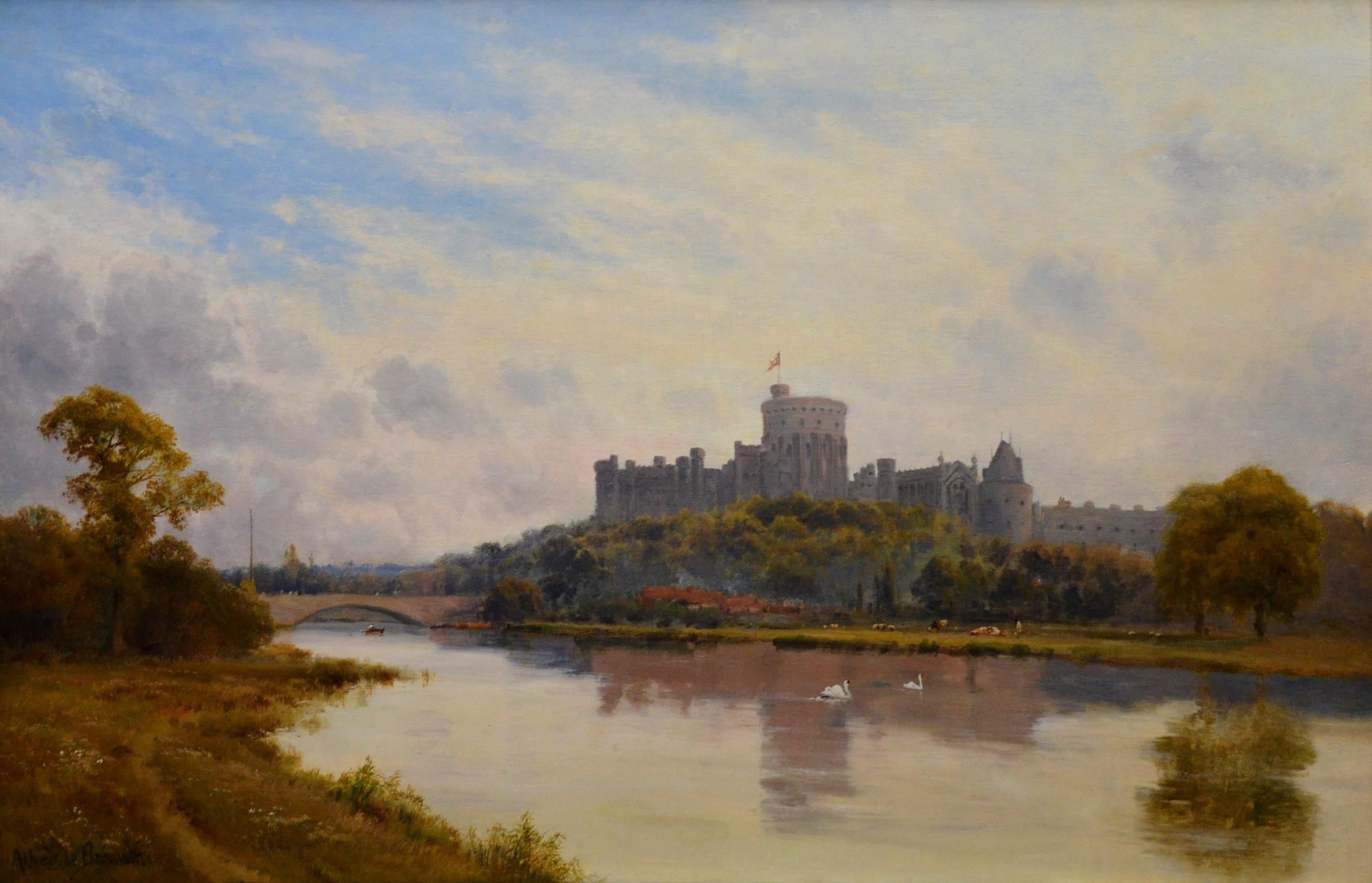 Windsor Castle from the Thames - 19th Century Victorian River Landscape Breanski - Brown Animal Painting by Alfred de Breanski Sr.