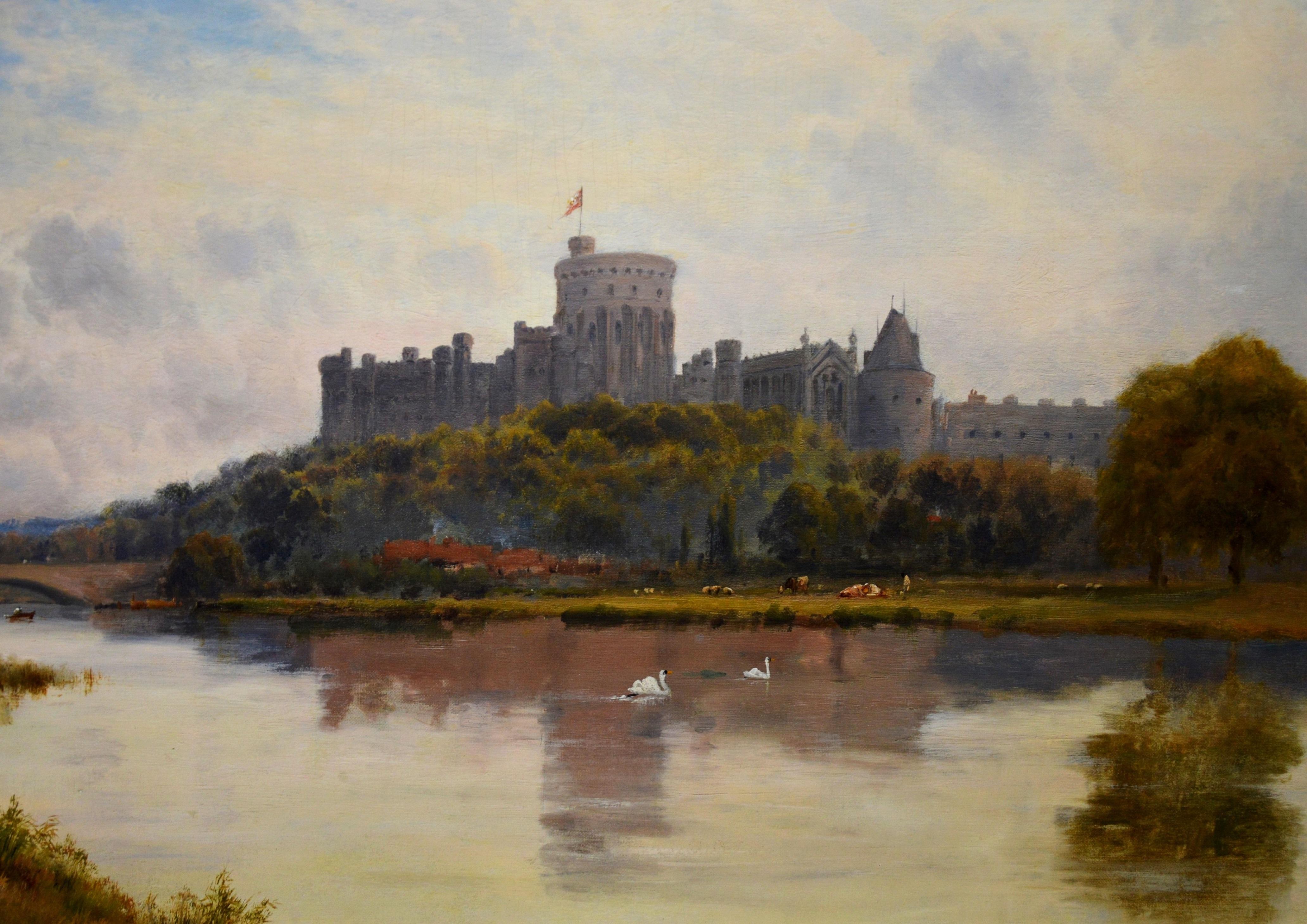 Windsor Castle from the Thames - 19th Century Victorian River Landscape Breanski - Brown Landscape Painting by Alfred de Breanski Sr.