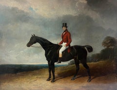 Fine 1850's Sporting Art Large Oil Painting Huntsman on Horseback in Landscape