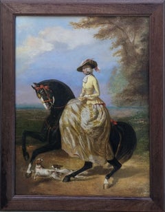 French painting mid 19th Equestrian Portrait Amazone Horse Dogs After DE DREUX