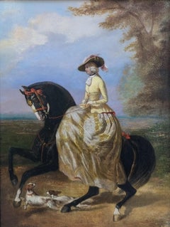 French painting mid 19th Equestrian Portrait Amazone Horse Dogs After DE DREUX