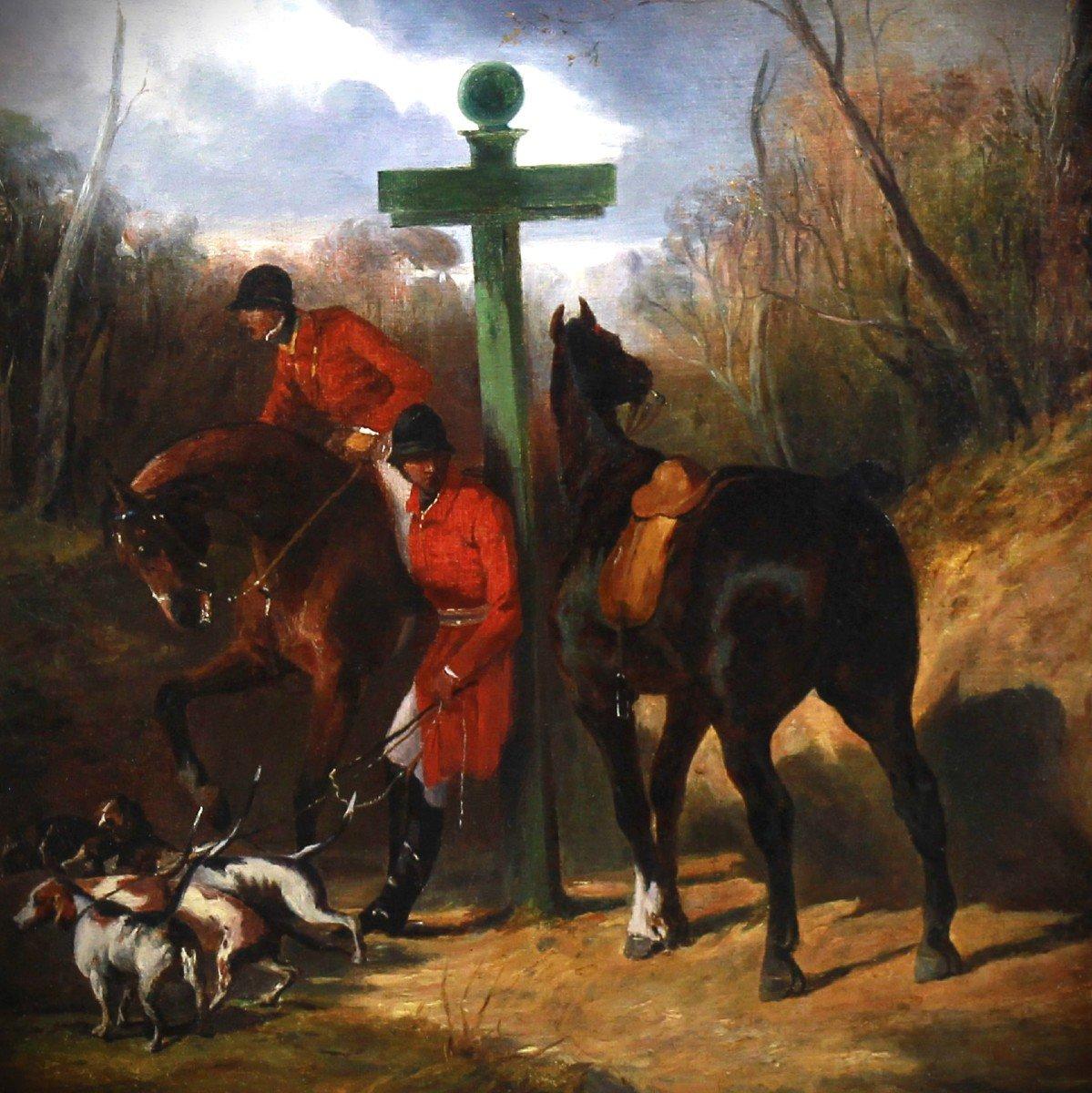 Oil on canvas “La halte de chasseurs” circle of Alfred De Dreux 19th century - Painting by Alfred de Dreux