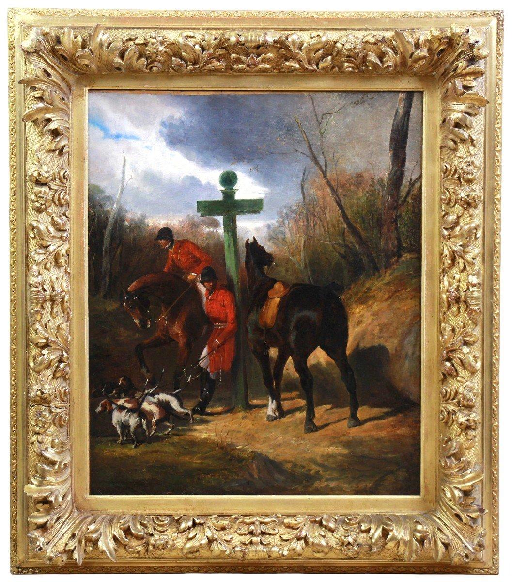 Alfred de Dreux Animal Painting - Oil on canvas “La halte de chasseurs” circle of Alfred De Dreux 19th century