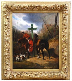 Antique Oil on canvas “La halte de chasseurs” circle of Alfred De Dreux 19th century