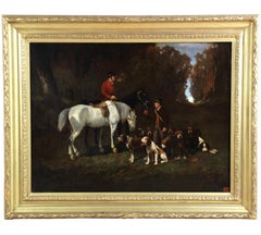 Dipinto a olio "Scena di caccia con cani e cavallo" Cerchio di Alfred de Dreux 19° secolo