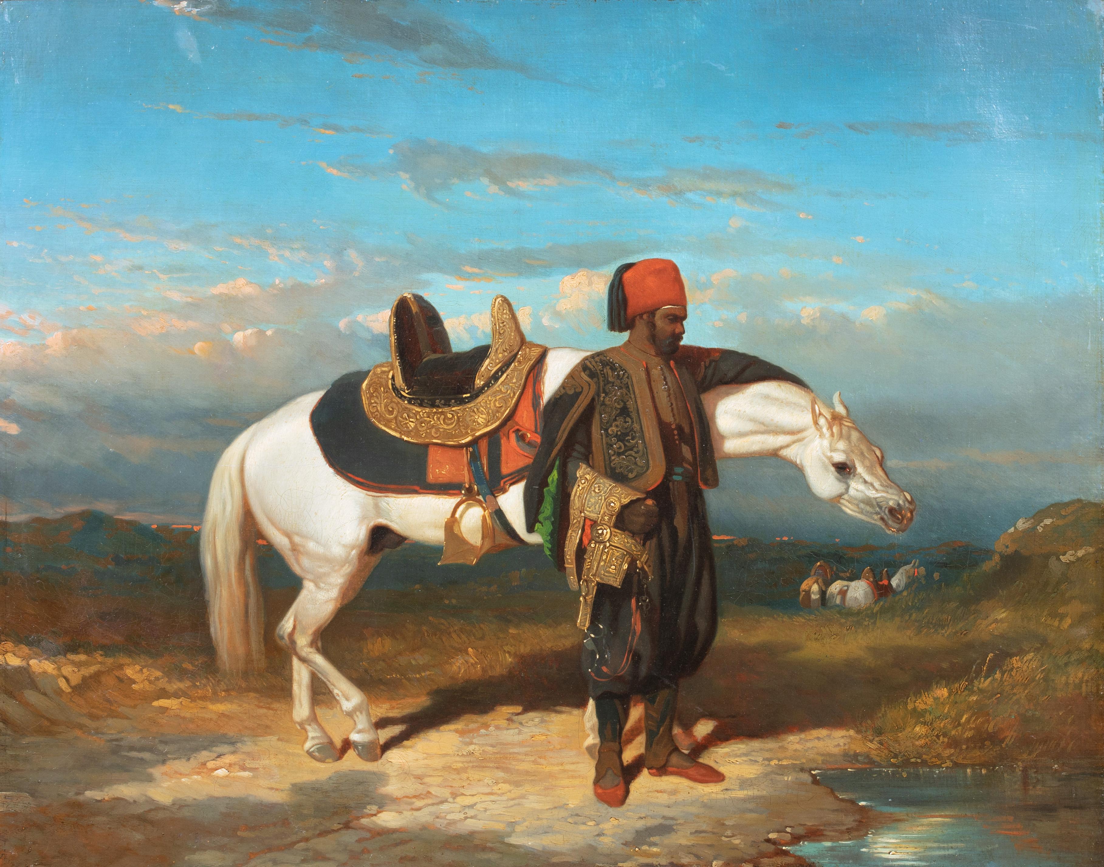 Cheval et homme arabe blancs, XIXe siècle - Marron Portrait Painting par Alfred de Dreux