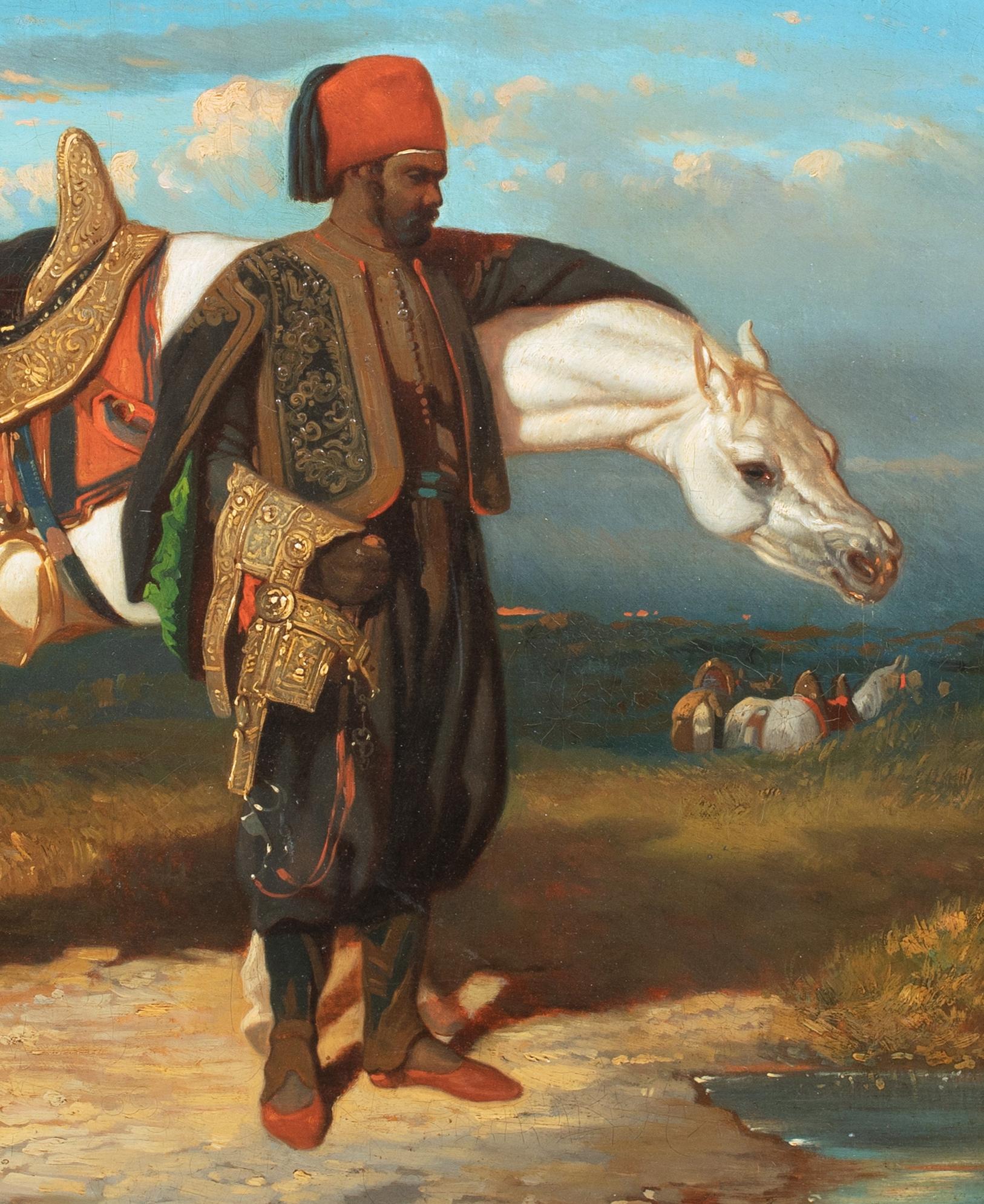 White Arabian Horse & Man, 19th Century - Brown Portrait Painting by Alfred de Dreux