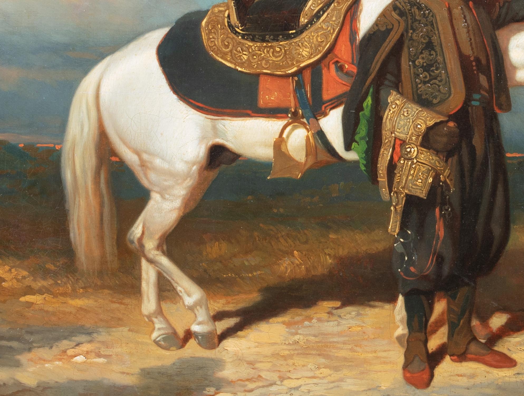 White Arabian Horse & Man, 19th Century

circle of Alfred de Dreux (1810-1860)

Large 19th Century French Orientalist portrait of a White Arabian Horse and rider, oil on canvas. Excellent quality and condition circa 1850 large scale study of the