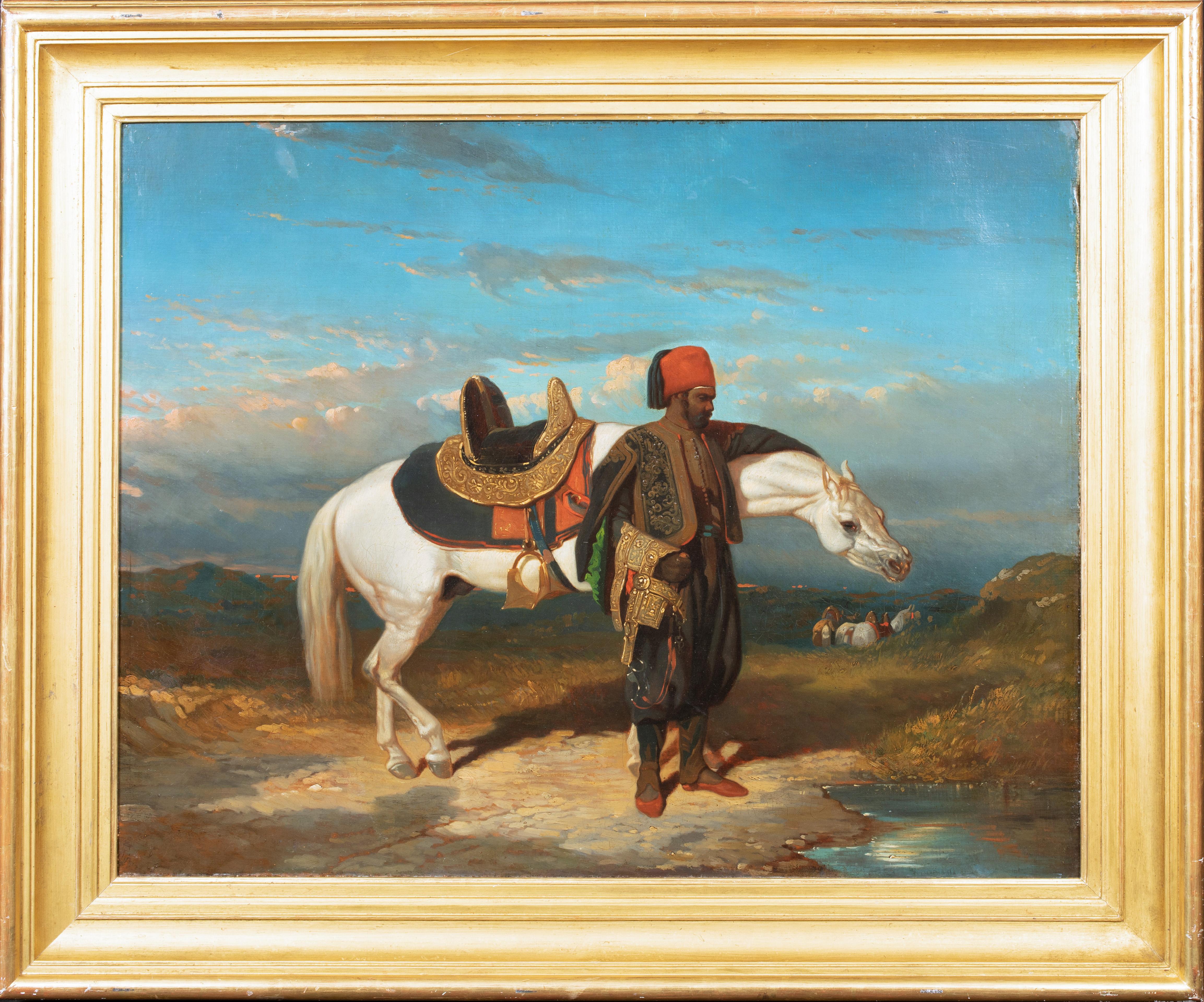 Alfred de Dreux Portrait Painting - White Arabian Horse & Man, 19th Century