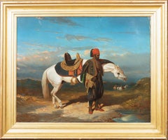 Weißes weißes Arabianisches Pferd und Mann, 19. Jahrhundert