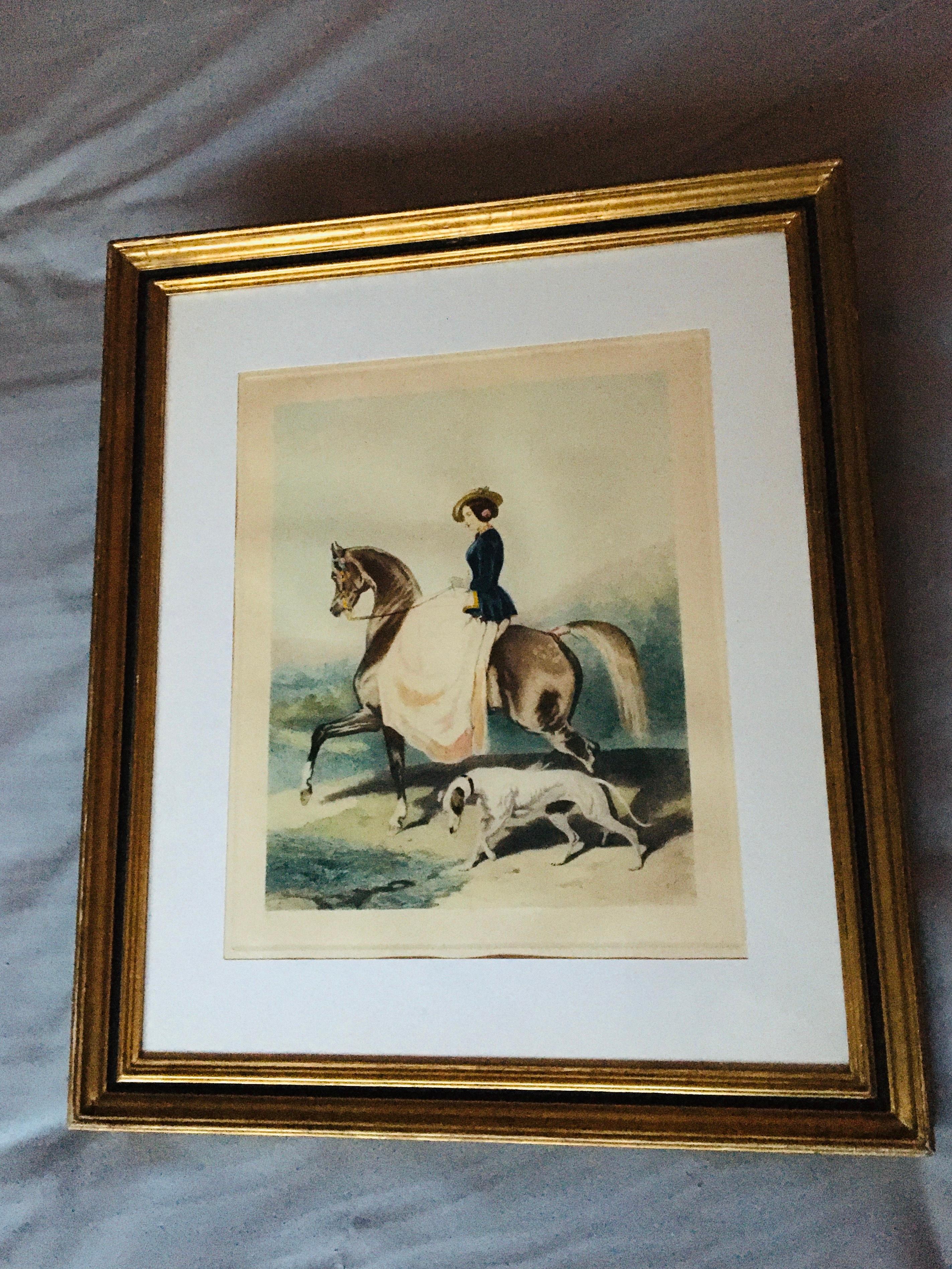The Horsewoman and her Greyhound - Gray Animal Print by Alfred de Dreux