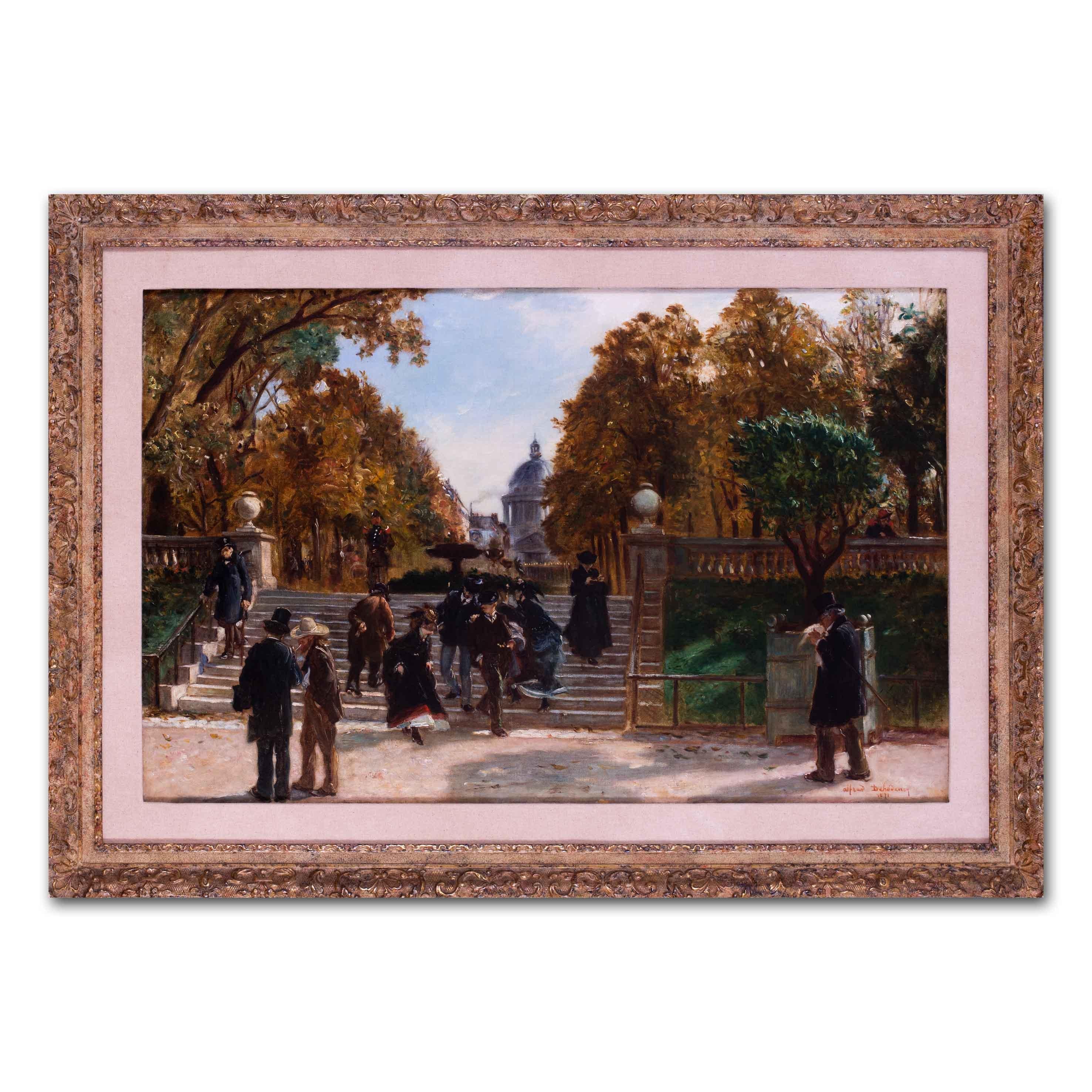19th Century oil painting of figures in the Jardin du Luxembourg, Paris 1