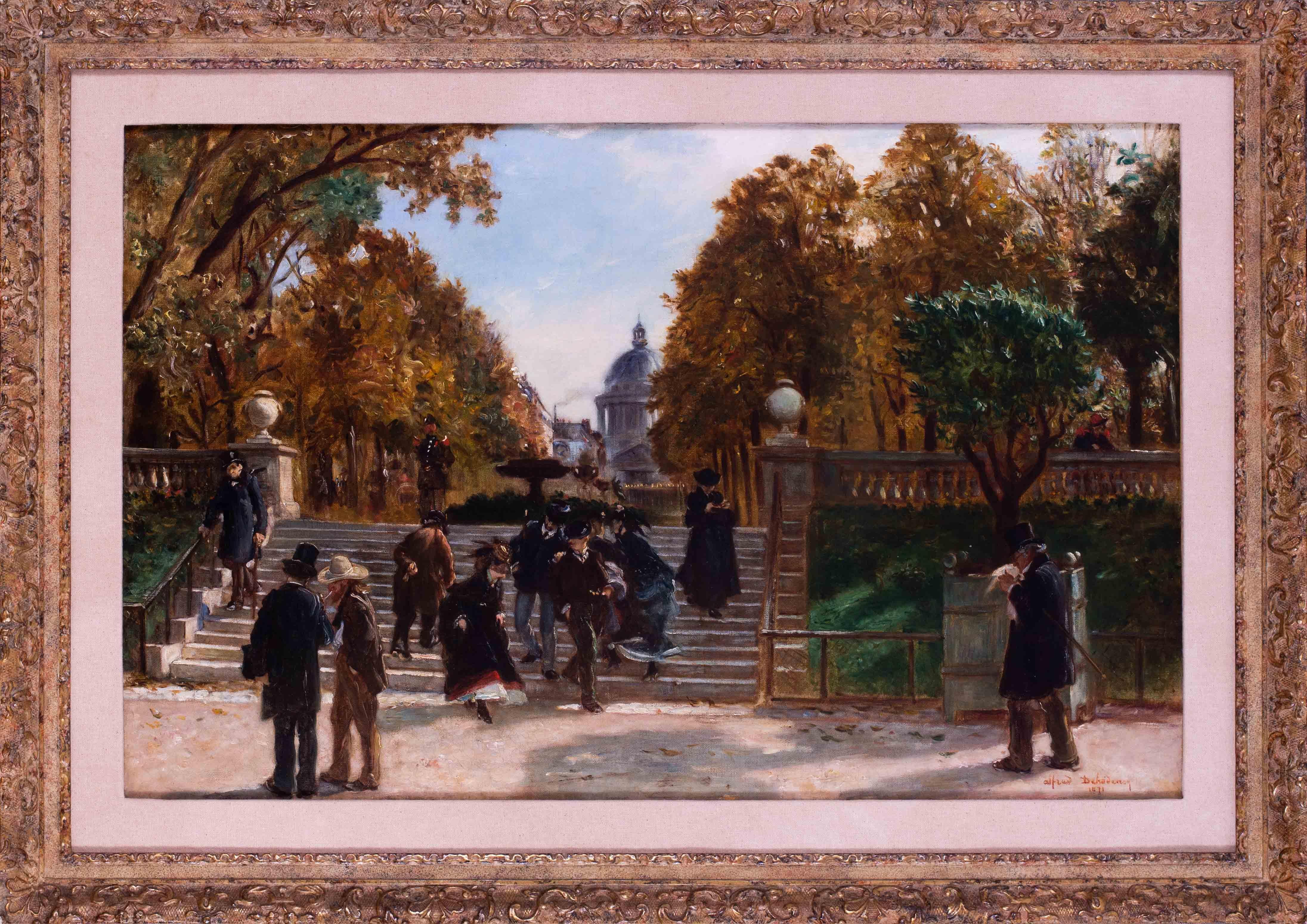 Edme Alexis Alfred Dehodencq Figurative Painting - 19th Century oil painting of figures in the Jardin du Luxembourg, Paris