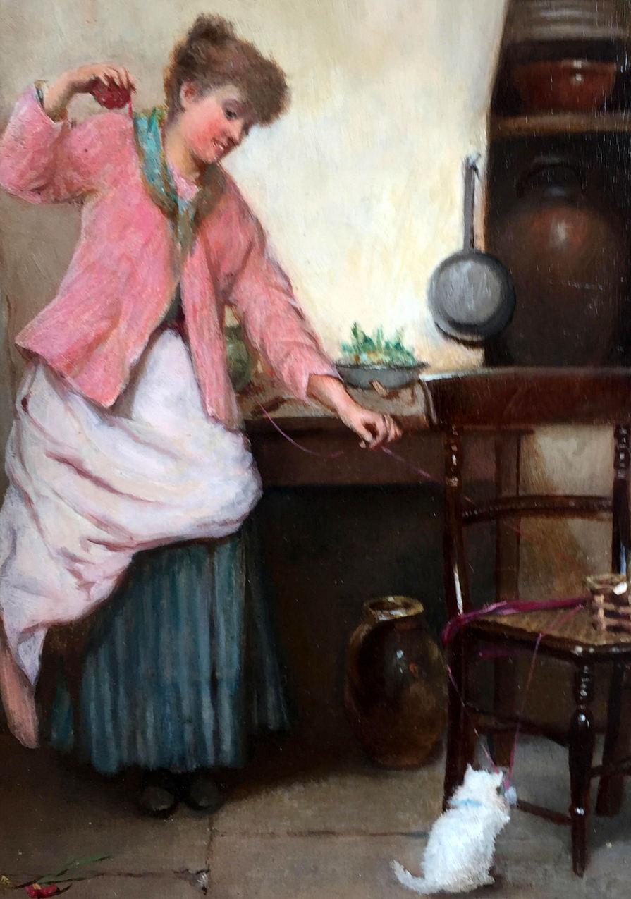 Charmantes Öl auf Leinwand von Alfred Dickman Bastin (1849-1913), letztes Viertel des 19. Jahrhunderts. Komplett mit dem originalen, hochwertigen Goldholzrahmen.

Zeigt eine Innenansicht mit einer Dame, die mit ihrem Kätzchen mit einem Wollknäuel