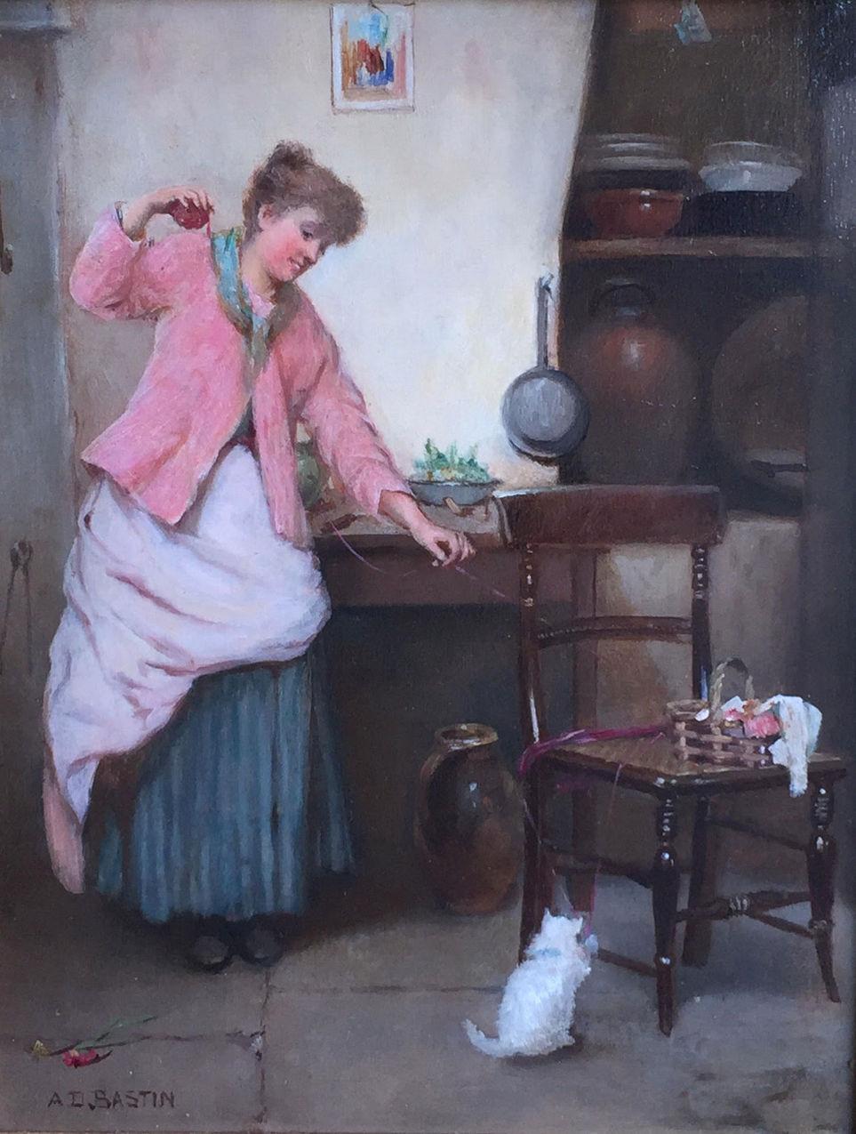Victorian Alfred Dickman Bastin Oil Cat Painting Mischievous Kitten Gilt Frame For Sale