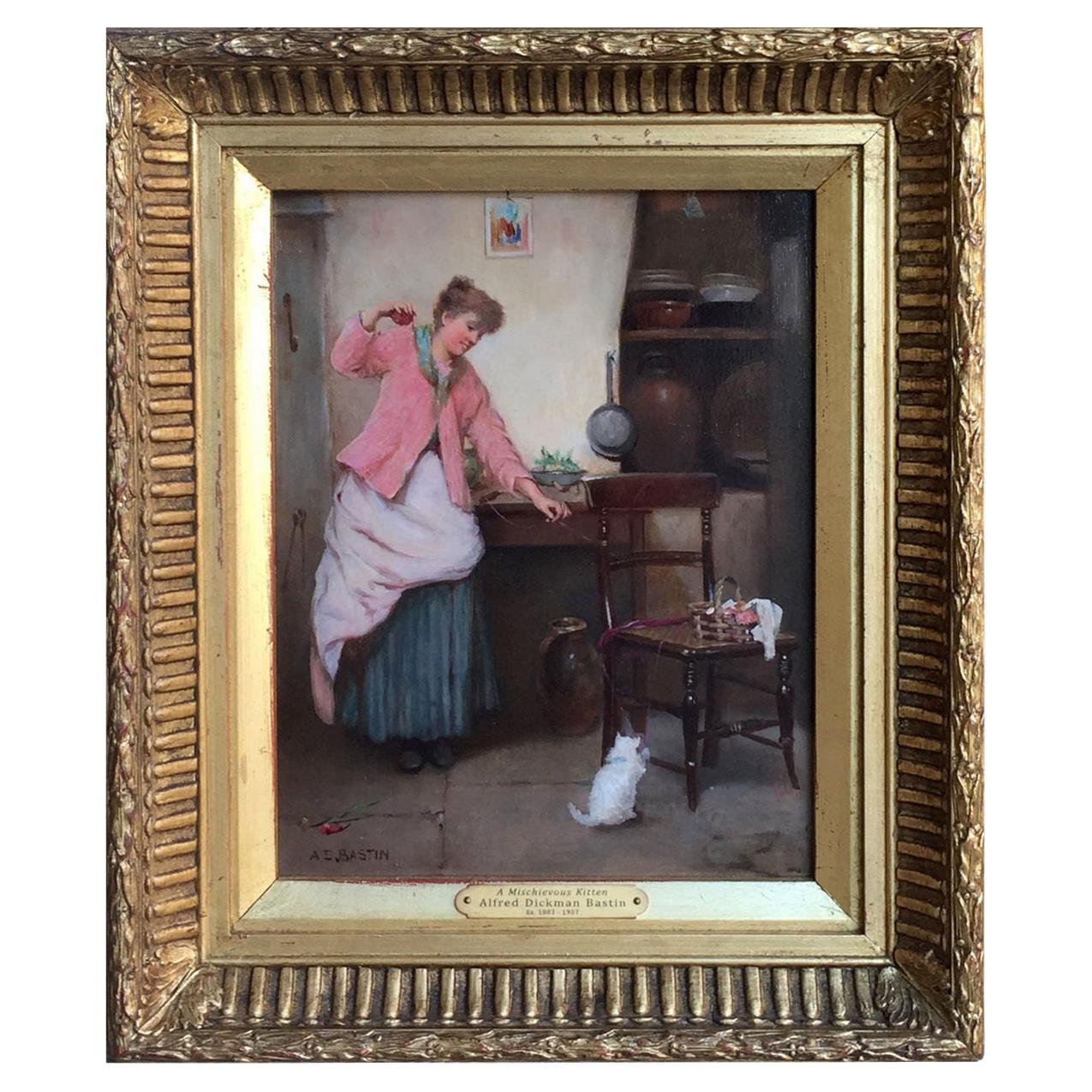 Alfred Dickman Bastin Oil Cat Painting Mischievous Kitten Gilt Frame For Sale