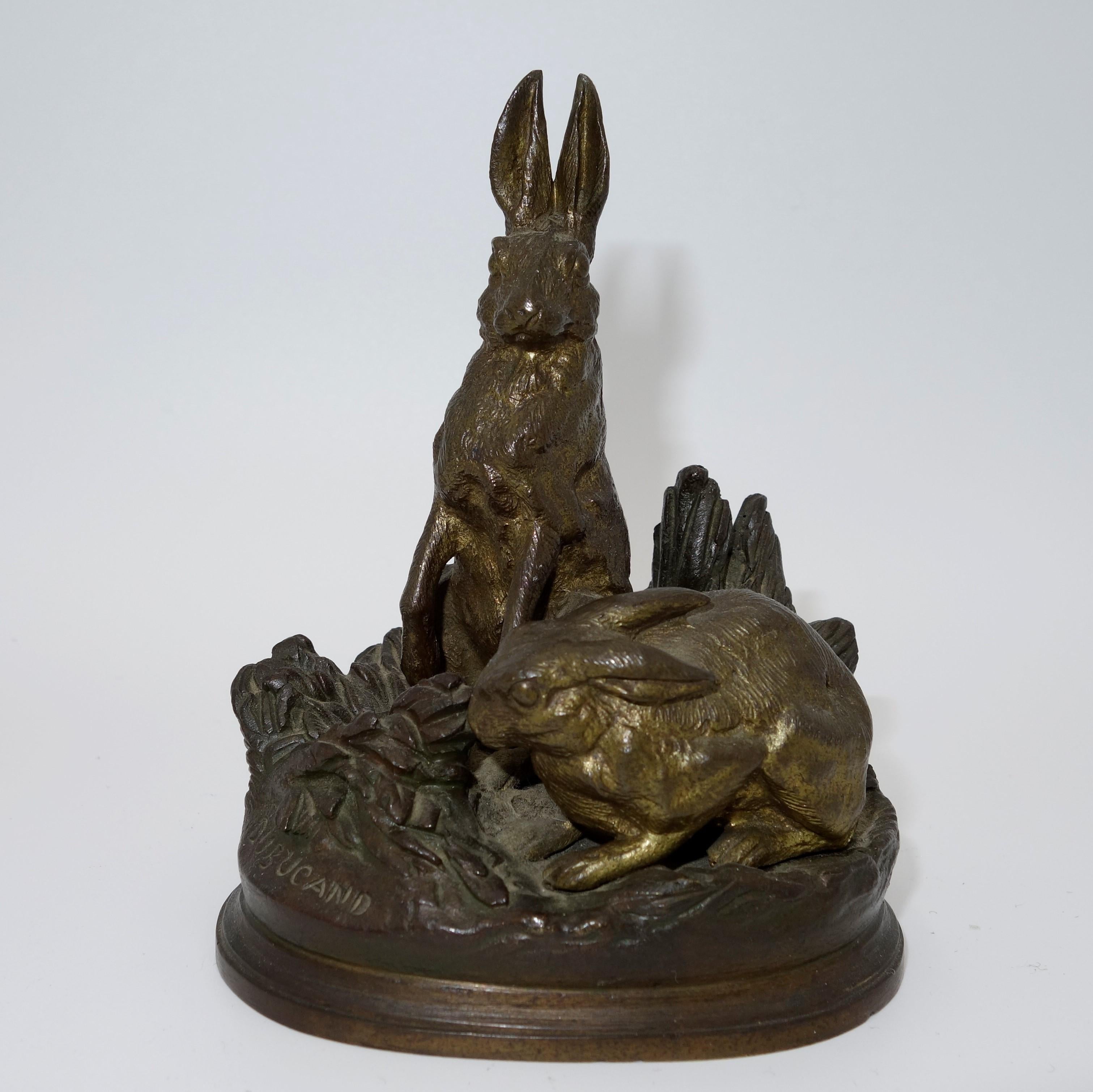 Alfred Dubucand Still-Life Sculpture - French 19th century Animalier bronze of Two Hares on a naturalistic base